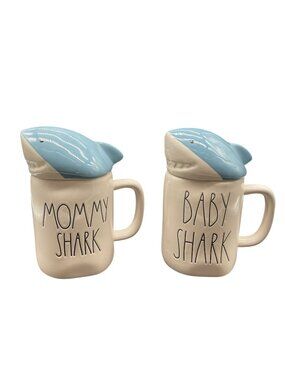 Rae Dunn Mommy Shark & Baby Shark Ceramic Mugs Set Of 2 Ceramic 7"H